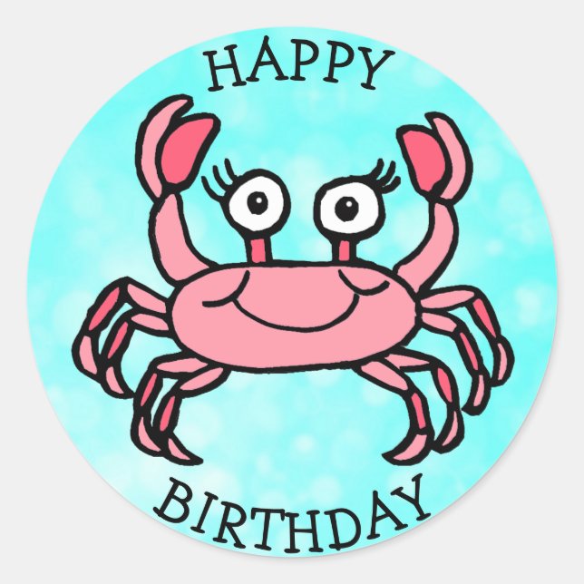 Happy Birthday Pink Crab Under the Sea Classic Round Sticker (Front)