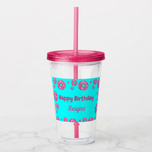 Happy Birthday pink cream donuts blue Acrylic Tumbler