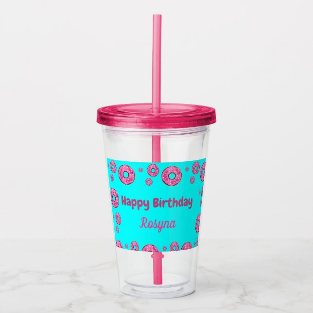 Happy Birthday pink cream doughnuts blue Acrylic Tumbler (Front)
