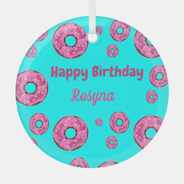 Happy Birthday pink cream doughnuts blue Glass Tree Decoration (Front)