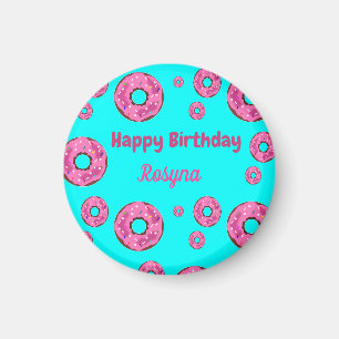 Happy Birthday pink cream doughnuts blue Magnet