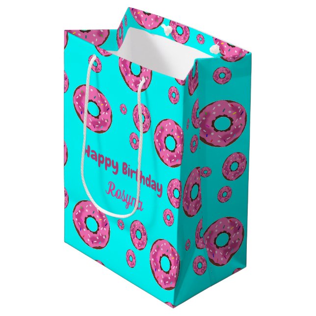 Happy Birthday pink cream doughnuts blue Medium Gift Bag (Front Angled)