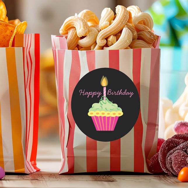 Happy Birthday Pink Cupcake Classic Round Sticker (Creator Uploaded)