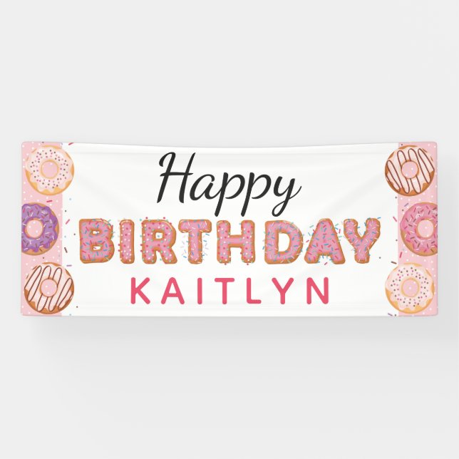 HAPPY BIRTHDAY Pink Doughnuts Baby Girl Custom Nam Banner (Horizontal)