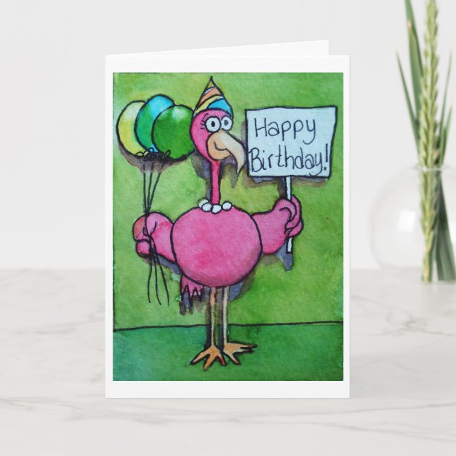 Happy Birthday Pink Flamingo Card Whimsical (Front)