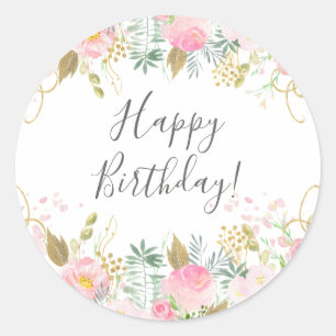 Happy Birthday Pink Floral Classic Round Sticker