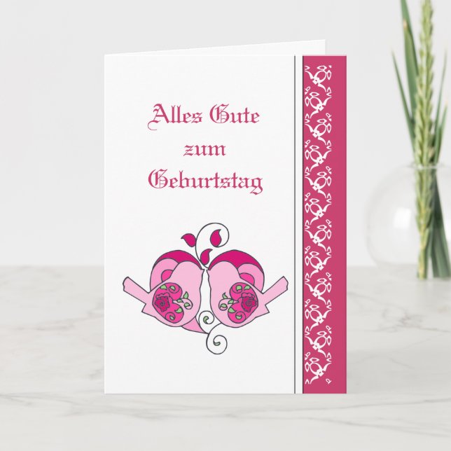 Happy Birthday  Pink  Floral Hearts  Birds German Card (Front)