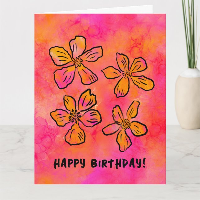 Happy Birthday Pink Floral Pop Art  Card (Front)