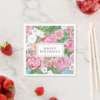 HAPPY BIRTHDAY Pink Floral Spring Blooms Napkin