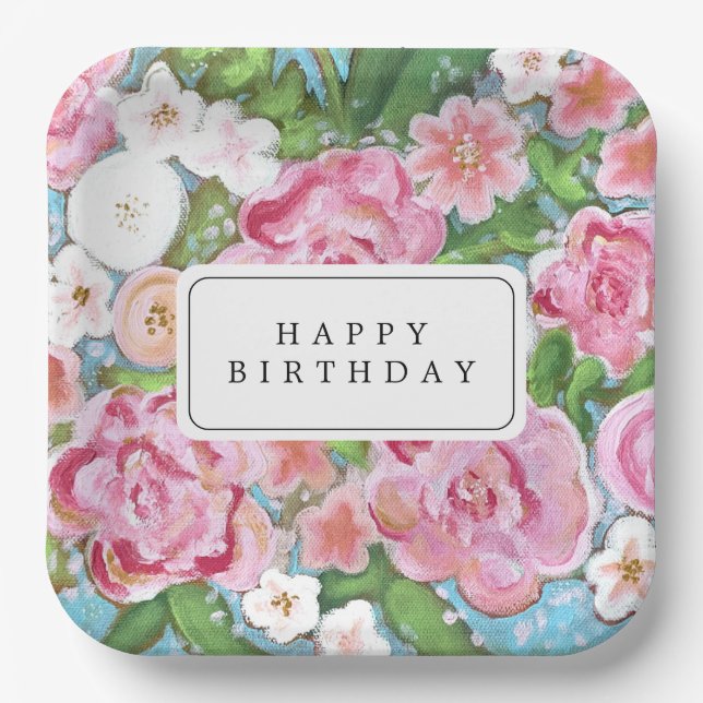 HAPPY BIRTHDAY Pink Floral Spring Blooms Paper Plate (Front)