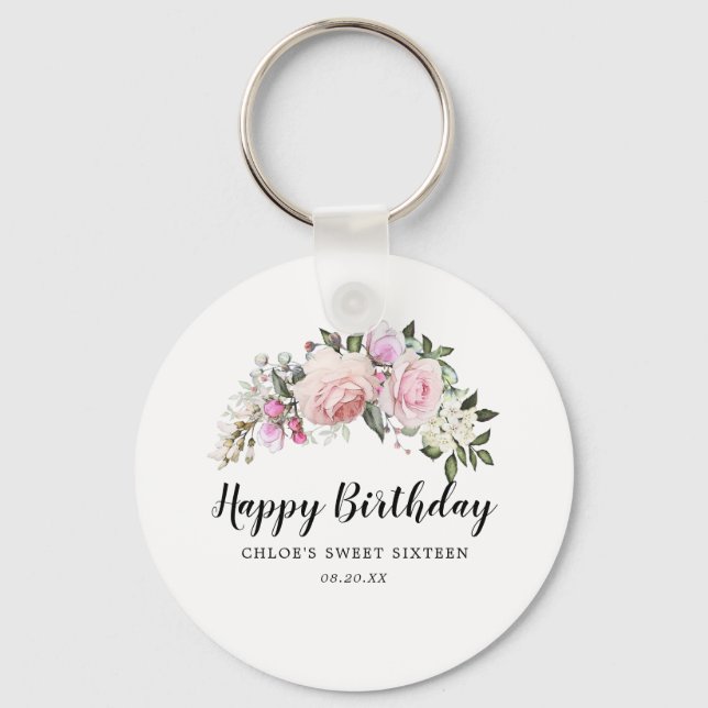 Happy Birthday Pink  Floral Sweet 16 Party Favour Key Ring (Front)