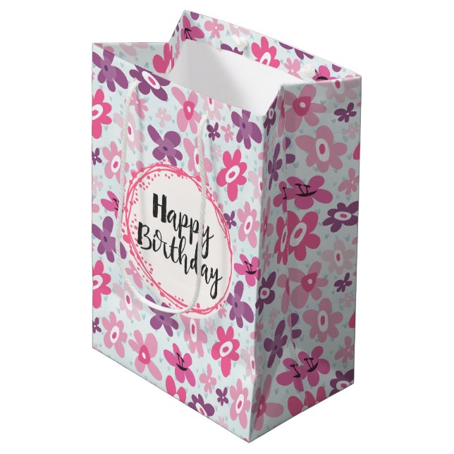 Happy Birthday Pink Flowers and Blue Hearts Medium Gift Bag (Front Angled)