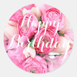 Happy Birthday Pink Flowers Stickers