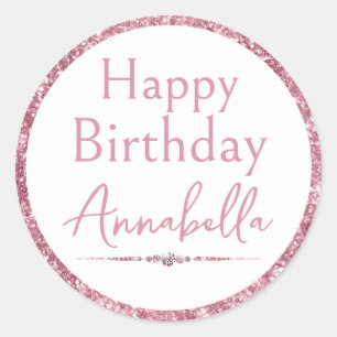 Happy Birthday Pink Glitter and Diamonds Classic Round Sticker