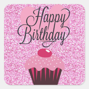 Happy Birthday Pink Glitter Cupcake Stickers