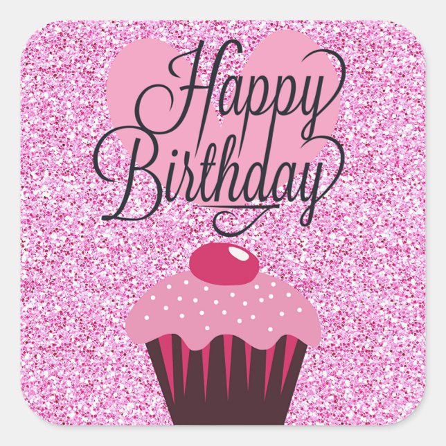 Happy Birthday Pink Glitter Cupcake Stickers (Front)