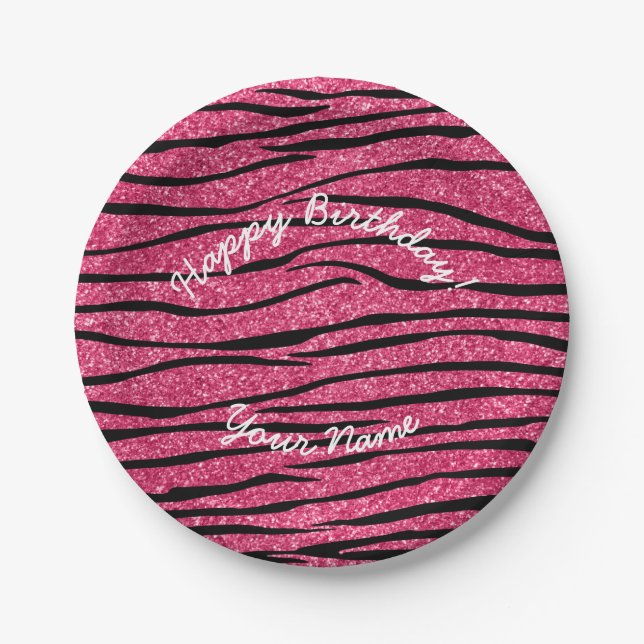 Happy Birthday pink glitter zebra stripes Paper Plate (Front)