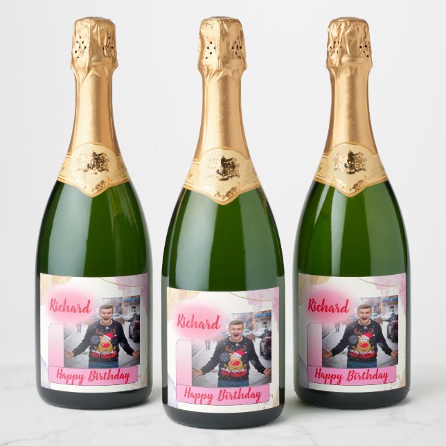 Happy Birthday Pink Gradient Modern Add Photo Name Sparkling Wine Label (Bottles)