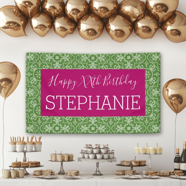 Happy Birthday - Pink Green Patterned Banner (Custom Birthday Banner)