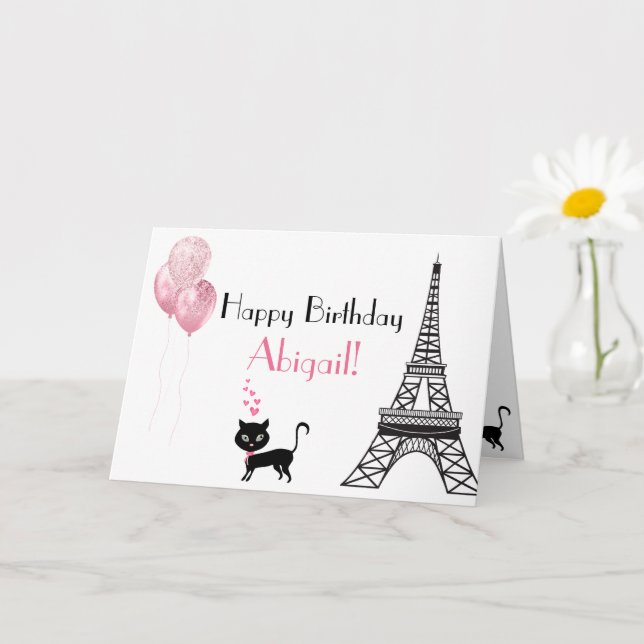 Happy Birthday Pink Heart Eiffel Tower Cat Card (Small Plant)