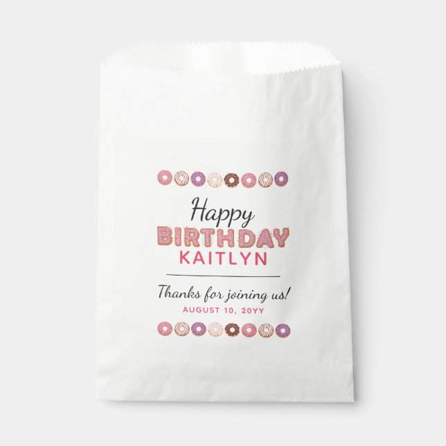 HAPPY BIRTHDAY Pink Iced Doughnuts Custom Name Par Favour Bags (Front)