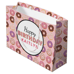 HAPPY BIRTHDAY Pink Iced Doughnuts Pattern With Na Large Gift Bag