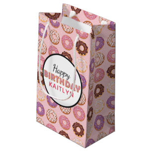 HAPPY BIRTHDAY Pink Iced Doughnuts Pattern With Na Small Gift Bag
