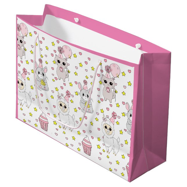 Happy Birthday Pink Llama, Kittens and Mouse Large Gift Bag (Front Angled)