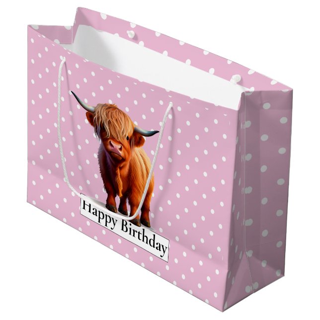 HAPPY BIRTHDAY Pink LONG HAIR COW Large Gift Bag (Front Angled)