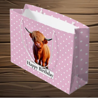HAPPY BIRTHDAY Pink LONG HAIR COW Large Gift Bag