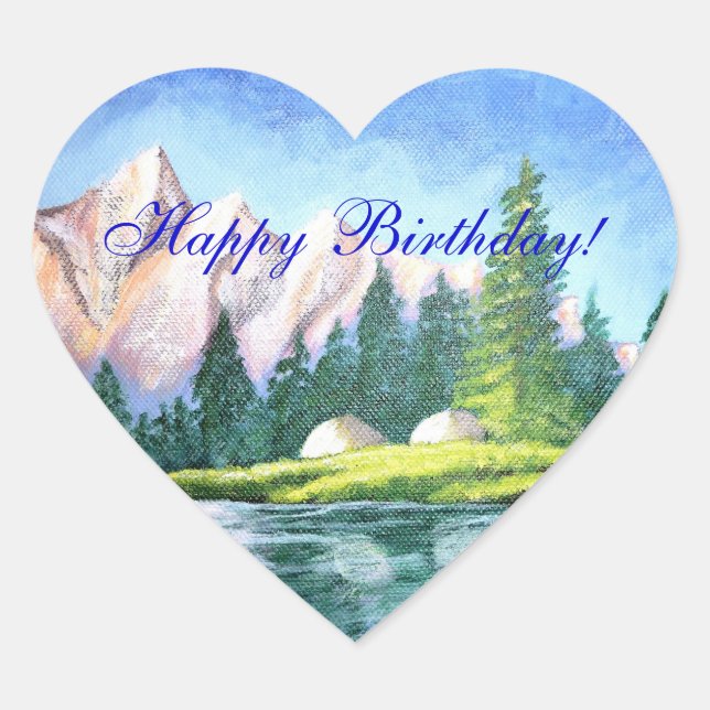 Happy Birthday Pink Mountain Heart Sticker (Front)