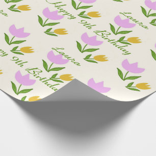 Happy Birthday Pink Orange Tulips Cute Custom Name Wrapping Paper