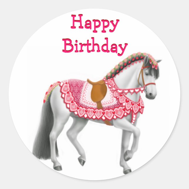 Happy Birthday Pink Parade Horse Sticker (Front)