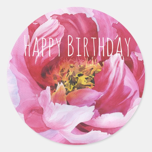 Happy Birthday Pink Peony Circle Stickers (Front)