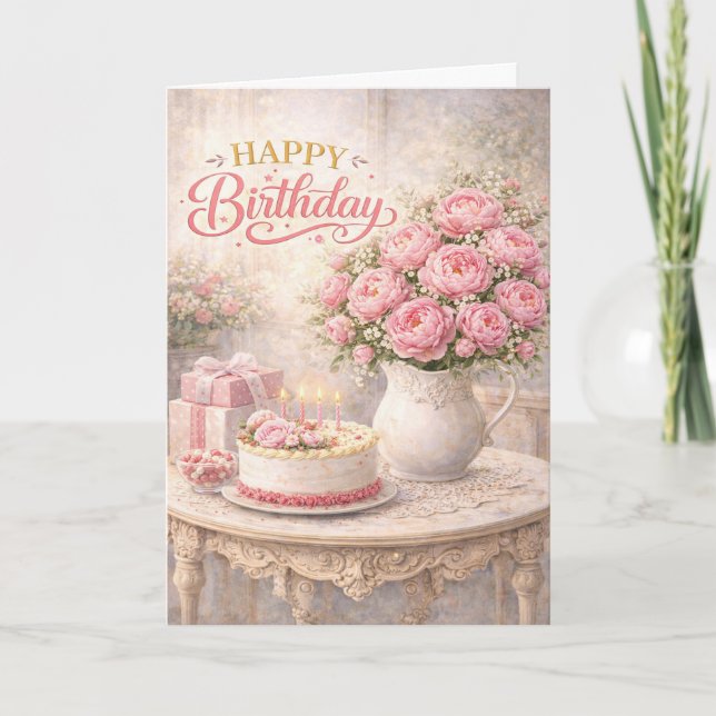 Happy Birthday Pink Peony Cottage Still Life Card (Front)
