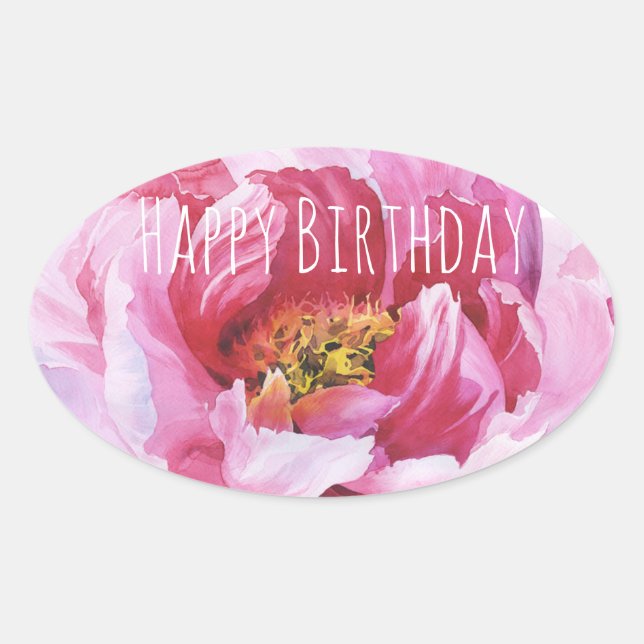 Happy Birthday Pink Peony Oval Stickers (Front)