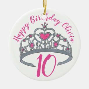 Happy Birthday Pink Princess Tiara Crown Ceramic Tree Decoration