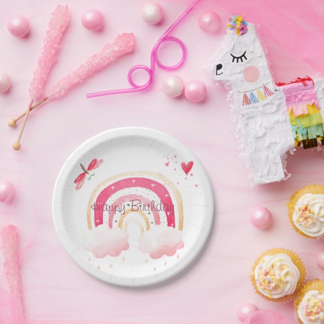 Happy Birthday pink rainbow   Paper Plate (Party)