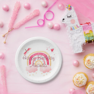Happy Birthday pink rainbow personalised Paper Plate
