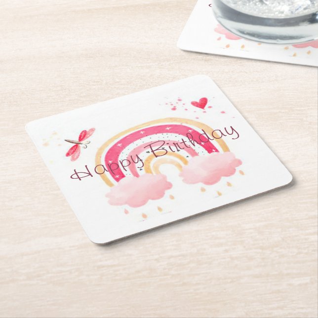 Happy Birthday pink rainbow  Square Paper Coaster (Angled)