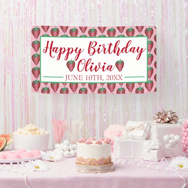 Happy Birthday Pink Red Sweet Strawberry Berries Banner (Party)