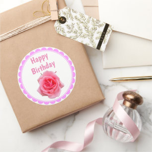 Happy Birthday pink rose Classic Round Sticker