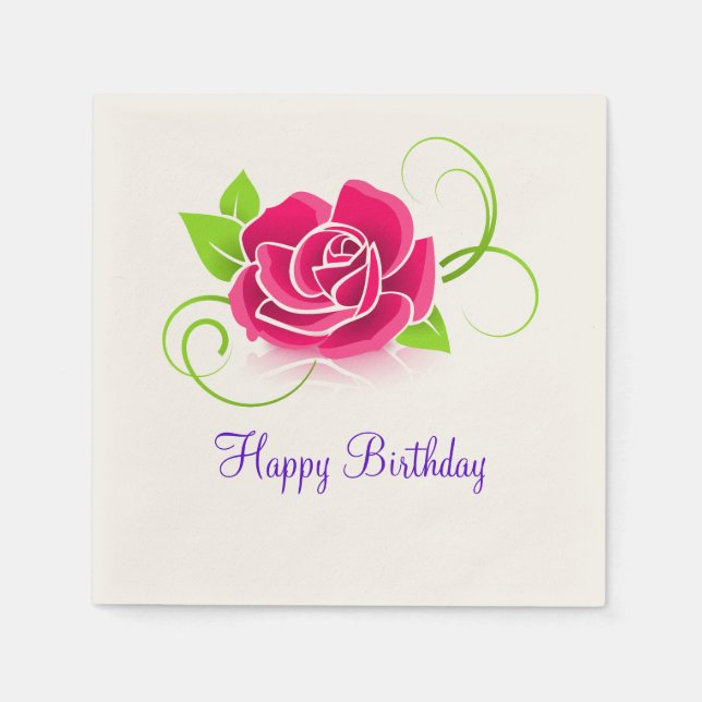 Happy Birthday Pink Rose Illustration Napkin (Front)