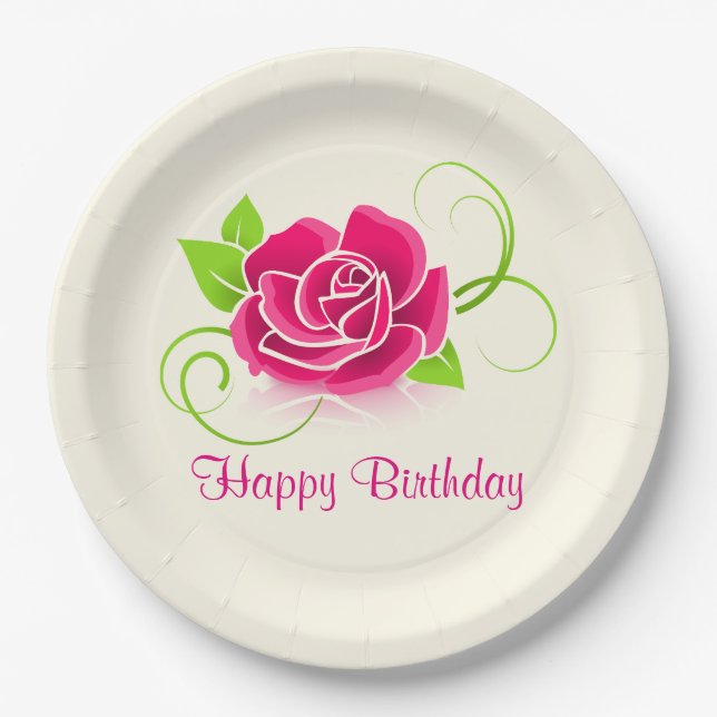 Happy Birthday Pink Rose Illustration Paper Plate (Front)
