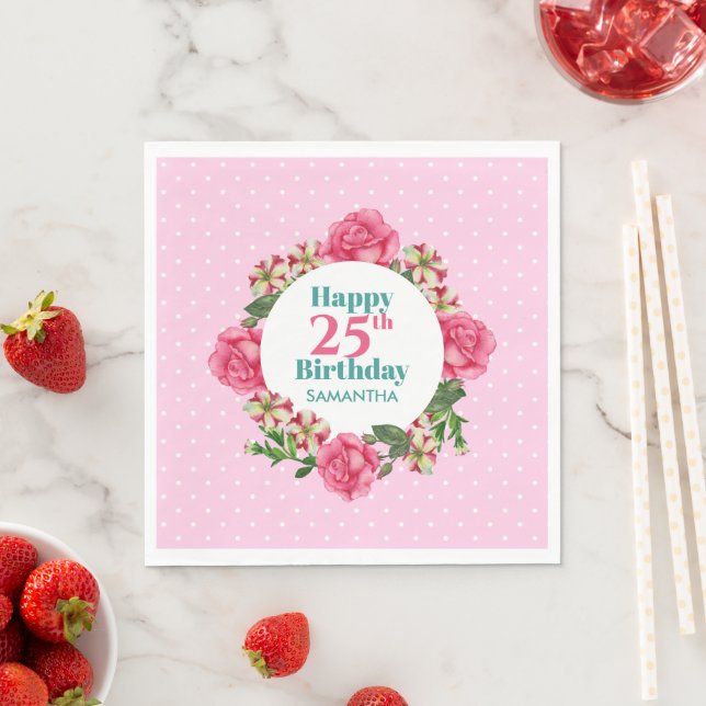 Happy Birthday Pink Rose Red White Petunia Polka Napkin (Insitu)