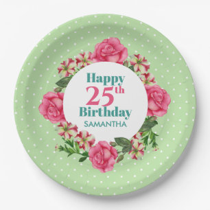 Happy Birthday Pink Rose Red White Petunia Polka Paper Plate