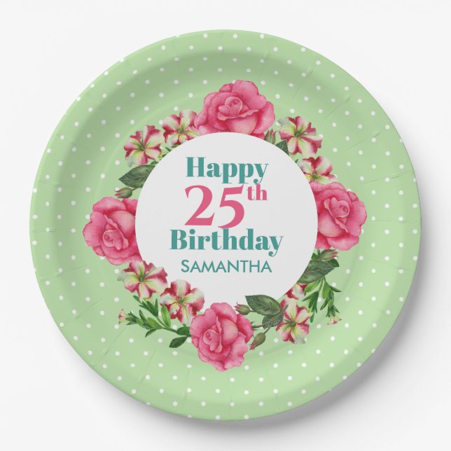 Happy Birthday Pink Rose Red White Petunia Polka Paper Plate (Front)