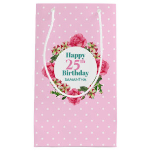 Happy Birthday Pink Rose Red White Petunia Polka Small Gift Bag