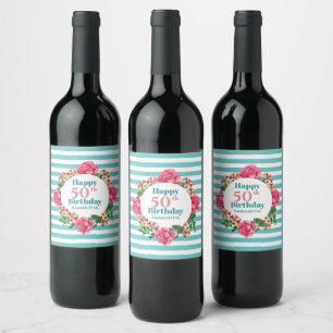 Happy Birthday Pink Rose Red White Petunia Stripes Wine Label