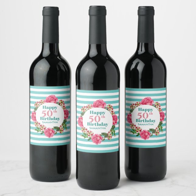 Happy Birthday Pink Rose Red White Petunia Stripes Wine Label (Bottles)